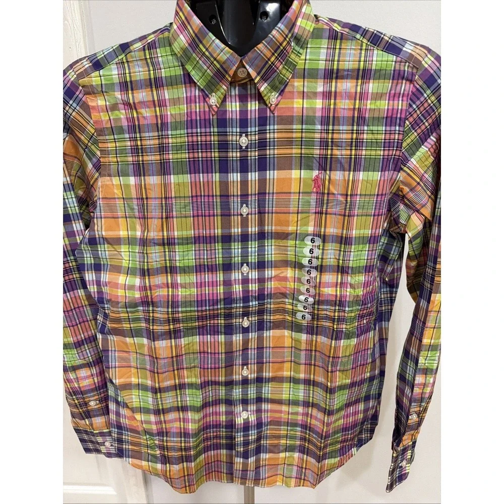Ralph Lauren Golf Multi‎ Color Plaid  Button Down Long Sleeve Shirt Youth Sz 6